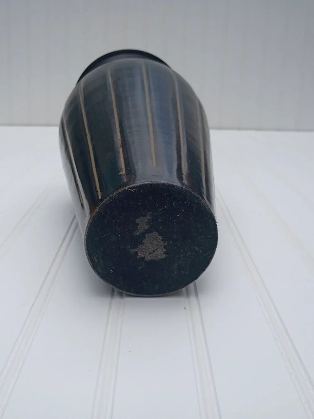 Ribbed Metal Vase Black Distressed Fluted Design 12.5
